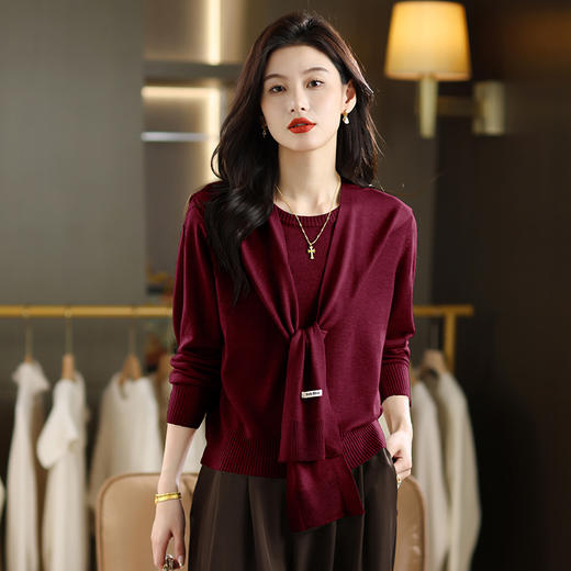 圆领长袖t恤，带披肩假两件针织衫上衣CC-101-9512 商品图0