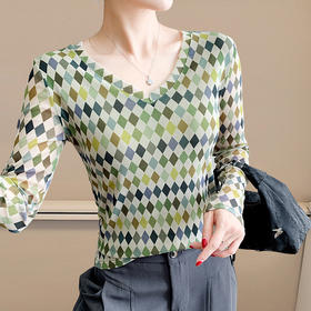 KQL欧货女装2025秋冬时尚洋气高弹网长袖印花V领T恤打底衫上衣批发