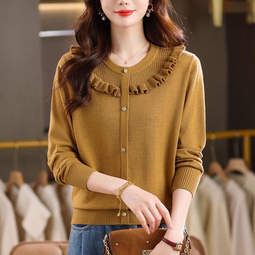 CC圆领木耳边针织衫女春秋新款 浅绿色短款套头温柔风外穿打底毛衣 商品图2