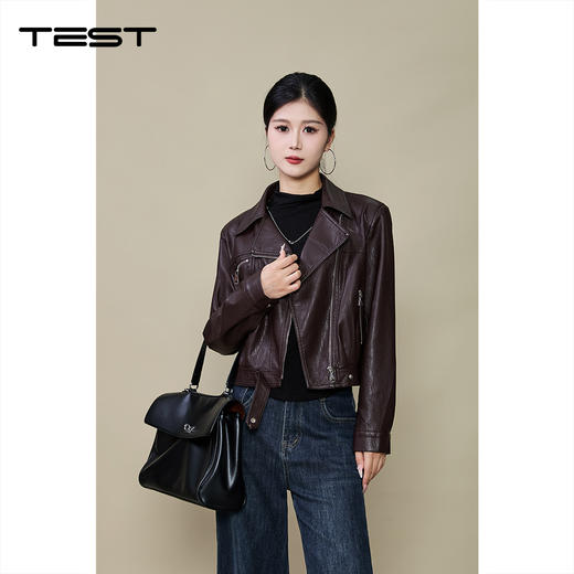 秋上新修身显瘦翻领机车风短款皮衣外套2253012 商品图0