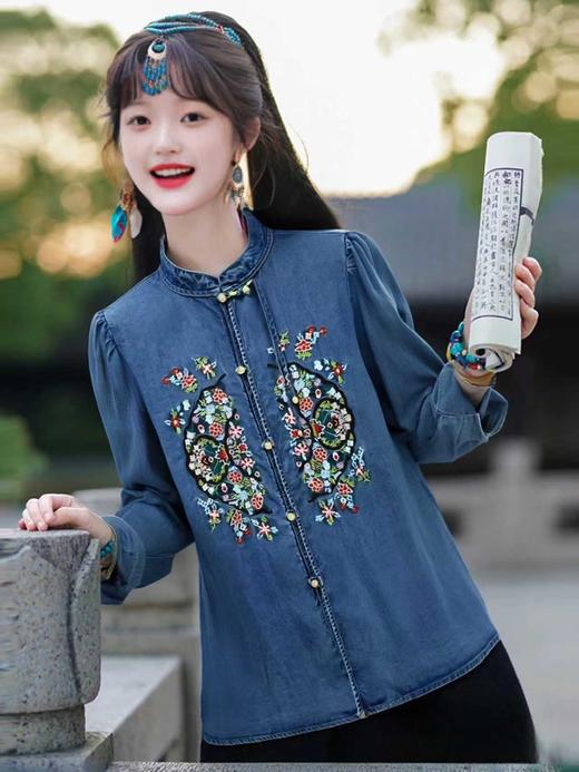 12.12错过没有！清货不退MRFEITO品牌女装！！3486重工刺绣100%天丝新中式牛仔衬衣外套-喜出 商品图0