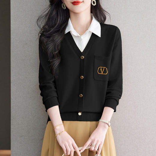 CC衬衫领假两件女针织衫2025年春秋时尚拼色短款毛衣打底衫长袖上衣 商品图1