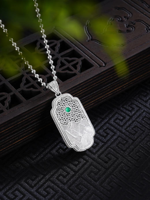 子佩集S990银【山河湘貌】大号套链项链【DSDZ009】纯银花丝绿玉髓大师工坊原创作品山水 商品图0