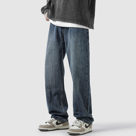 NASA复古水洗牛仔裤男秋冬季加绒美式高街裤子潮宽松阔腿直筒长裤 商品图3