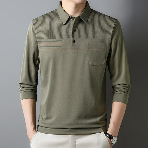 男士长袖薄款上衣打底衫中年男翻领真口袋休闲爸爸装T恤 商品图1