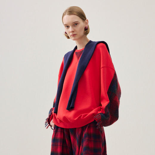 谜底中长款卫衣长袖2025冬季新品圆领落肩袖拼接格纹女254MV1680 商品图1