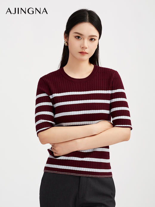 【商场同款】阿菁娜秋季新款复古条纹针织衫女坑条显瘦上衣 五分袖圆领宽松套头毛衣A30Q301021 商品图3