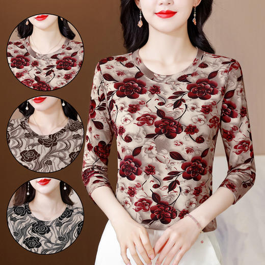 KQL 356H6816时尚圆领玫瑰印花修身时尚显瘦上衣T恤 商品图0