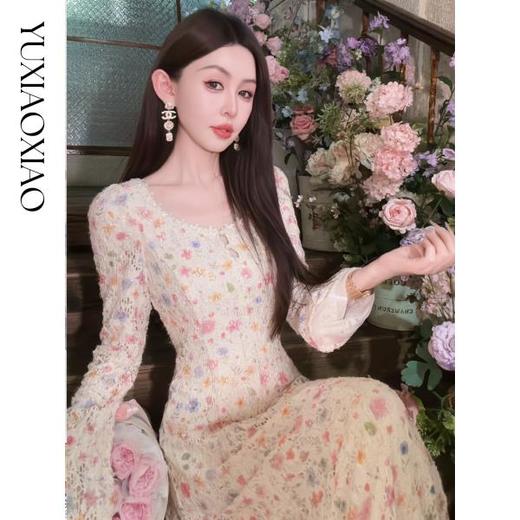 余潇潇【梦境花神】浪漫拼蕾丝花边花卉印花高弹力长袖收腰连衣裙 商品图4