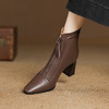 【预售5天】秋冬气质高跟前拉链棕色短靴女新款复古真皮方头粗跟百搭马丁靴DS&1902 商品缩略图4