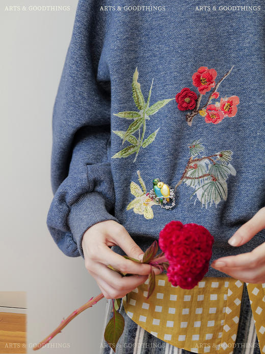 四君子 松竹梅兰 连肩叠褶花苞袖中式小立领套头卫衣 山林曦照 商品图1