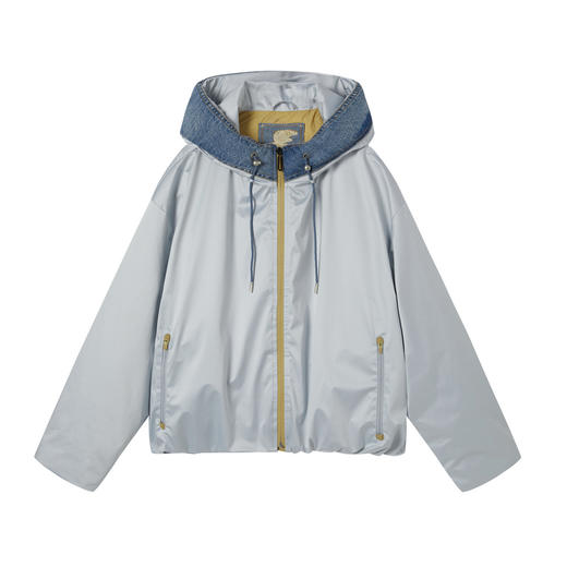 谜底连帽短款羽绒服2025冬季新品大廓形牛仔拼接绣花女254MY1470 商品图4