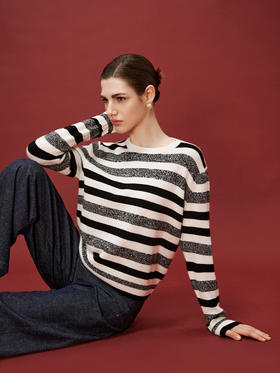 【条纹羊绒套衫】羊绒世家秋冬新品女士100%山羊绒圆领套衫舒适保暖毛衣
