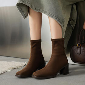 【预售5天】秋冬复古舒适粗高跟鞋女气质短靴单靴绒面瘦瘦靴裸靴WC&M3596