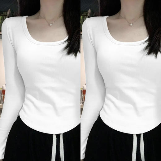 【39.9抢2件❗加厚绒方领长袖T恤】优美曲线百搭显瘦，耐穿不变形优美U领，强弹力穿着不紧绷，柔软螺纹舒适亲肤，大码修身内搭保暖百搭打底衫上衣QQ 商品图10