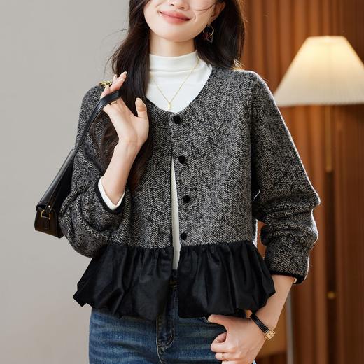 QD22-27532025年秋季新款小香风拼接针织开衫女撞色圆领显瘦毛呢高腰外套女 商品图2