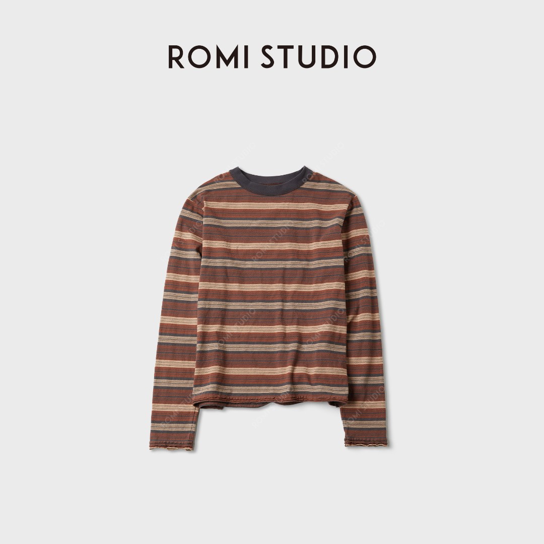 ROMI STUDIO“自然舒适”棉质色织条纹撞色洗水长袖T恤 RWCASY5979