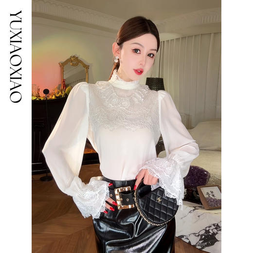 余潇潇【费罗里达花径】简约拼接镂空蕾丝花纹牙签褶工艺立领上衣 商品图3