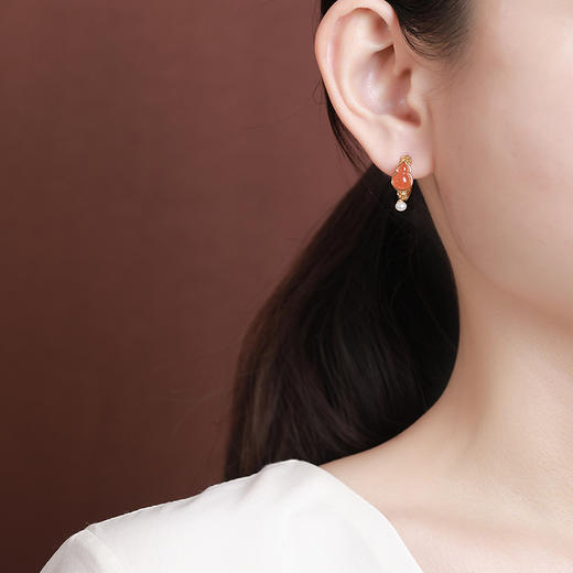 【福禄长乐】S925纯银镀金水红珍珠葫芦卷草纹耳环【CW-EJ00666】 商品图3