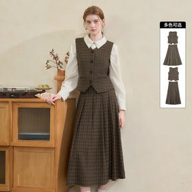 西遇复古高智感格纹通勤套装女秋季西装马甲搭半身裙两件套V2651148