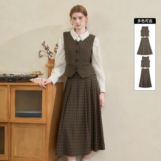 西遇复古高智感格纹通勤套装女秋季西装马甲搭半身裙两件套V2651148 商品图0