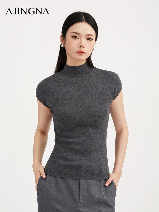【商场同款】阿菁娜秋季新款60支超细美丽诺羊毛衫 半高领无袖内搭 2*2织法修身显瘦 软糯亲肤A30D301018 商品图0