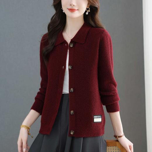 tbrk-7788秋冬新款女士翻领针织开衫 玫红色修身显瘦百搭单排扣长袖上衣 商品图2