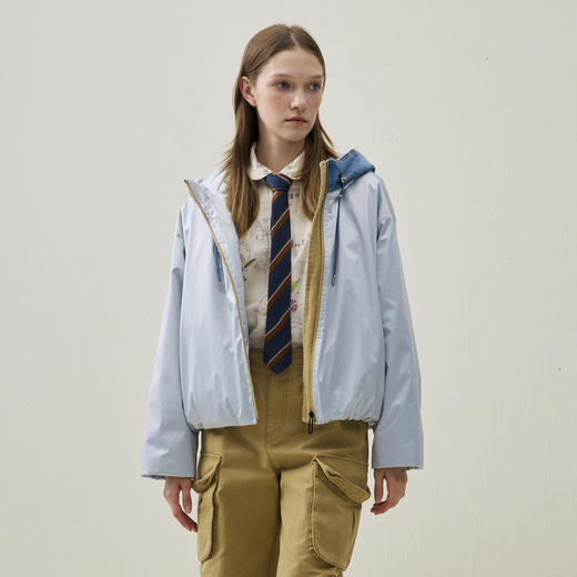 谜底连帽短款羽绒服2025冬季新品大廓形牛仔拼接绣花女254MY1470 商品图0