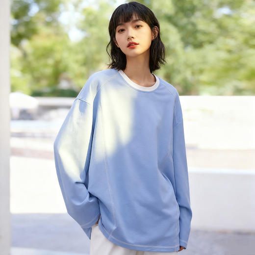 Schenvega 撞色拼接落肩长袖T恤卫衣/插色领长袖T恤卫衣 柔软舒适 修饰身形 4色可选 商品图1