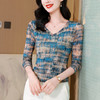时尚纱网印花长袖，V领修身显瘦洋气上衣KQL-SKW68 商品缩略图3