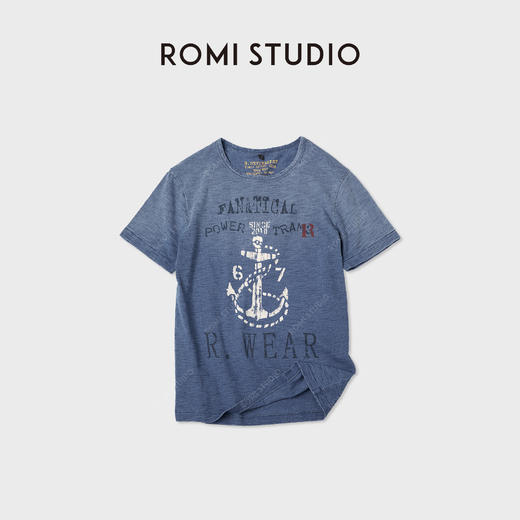 ROMI STUDIO“航海记述”特染竹节棉复古蓝印花短袖T恤RWCAST6257 商品图1