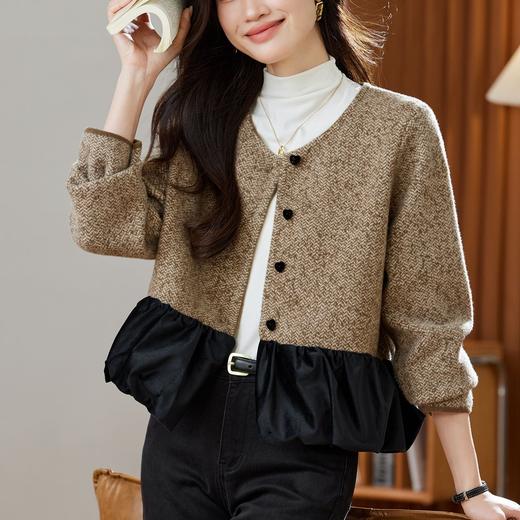 QD22-27532025年秋季新款小香风拼接针织开衫女撞色圆领显瘦毛呢高腰外套女 商品图1