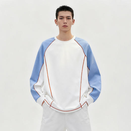 Schenvega 撞色拼接落肩长袖T恤卫衣/插色领长袖T恤卫衣 柔软舒适 修饰身形 4色可选 商品图4