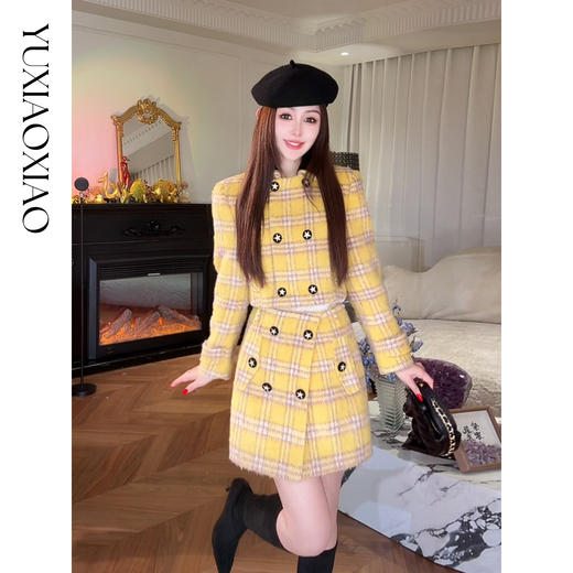余潇潇【落日甜曲】绵羊毛混纺复古格纹毛呢短外套&A字短裙裤套装 商品图2