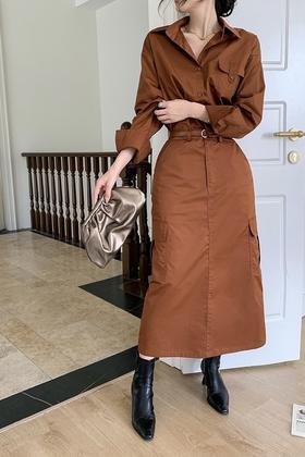 Le Malene 焦糖翻领衬衣半裙套装 18653