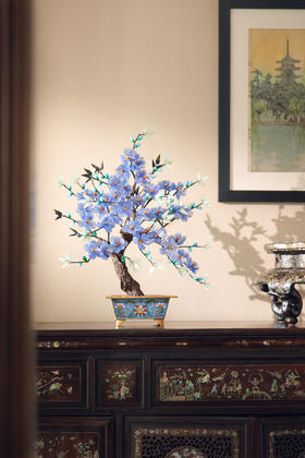 【已售】独角鹿西洋古董20世纪中国出品宝相花纹景泰蓝盆装饰「紫韵海棠」珍宝像生盆景