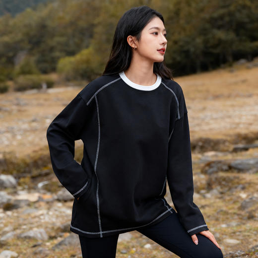 Schenvega 撞色拼接落肩长袖T恤卫衣/插色领长袖T恤卫衣 柔软舒适 修饰身形 4色可选 商品图6