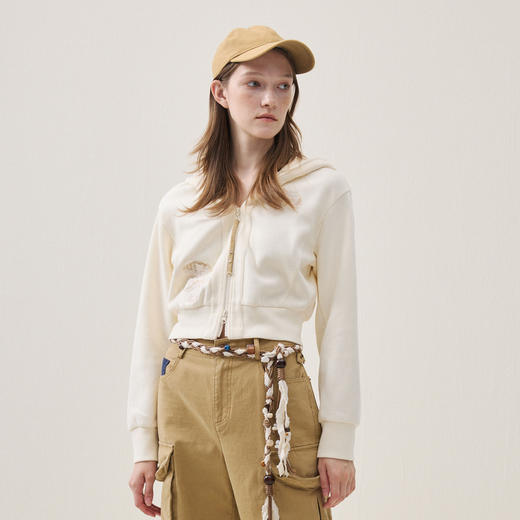 谜底连帽卫衣开衫长袖2025冬季新品飞鸟刺绣柔软厚实女254MV1636 商品图0