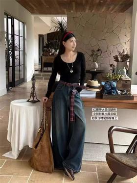 【爆款牛仔】2025秋季新品～25019红腰带大腿脚甩甩裤高腰显瘦阔腿裤-喜出