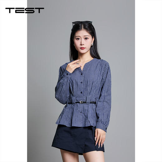秋上新时尚气质款单排扣格纹百搭修身小衫上衣1253140 商品图0