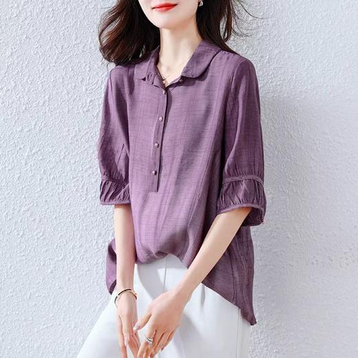 紫色苎麻衬衫女短袖衬衣春夏新款妈妈亚麻小衫宽松遮肚子棉麻上衣 商品图1