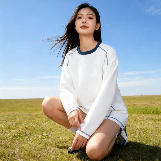 Schenvega 撞色拼接落肩长袖T恤卫衣/插色领长袖T恤卫衣 柔软舒适 修饰身形 4色可选 商品图7