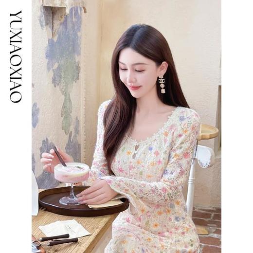 余潇潇【梦境花神】浪漫拼蕾丝花边花卉印花高弹力长袖收腰连衣裙 商品图3