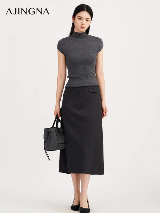 【商场同款】阿菁娜秋季新款60支超细美丽诺羊毛衫 半高领无袖内搭 2*2织法修身显瘦 软糯亲肤A30D301018 商品图3