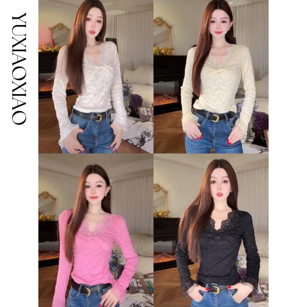 余潇潇【蕾丝告白】高级重工镶嵌珍珠蕾丝花边扭结弹力长袖收腰上衣