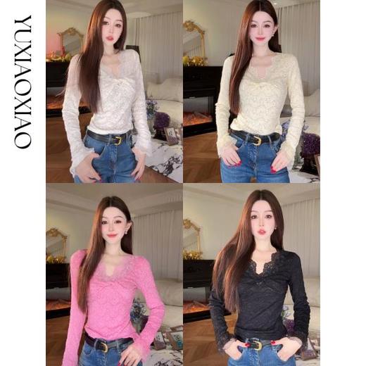 余潇潇【蕾丝告白】高级重工镶嵌珍珠蕾丝花边扭结弹力长袖收腰上衣 商品图0