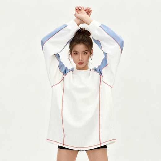 Schenvega 撞色拼接落肩长袖T恤卫衣/插色领长袖T恤卫衣 柔软舒适 修饰身形 4色可选 商品图10