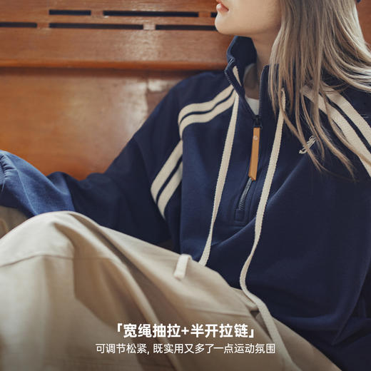 马登美式复古学院风藏青色半拉链立翻高领套头长袖无帽卫衣女士秋 商品图3