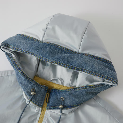 谜底连帽短款羽绒服2025冬季新品大廓形牛仔拼接绣花女254MY1470 商品图3