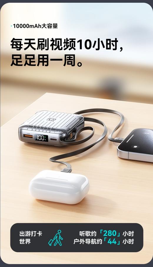 猫太推荐---品柠PINICK便携式10000mAh自带三线创意行李箱快充移动电源手提充电宝 商品图4